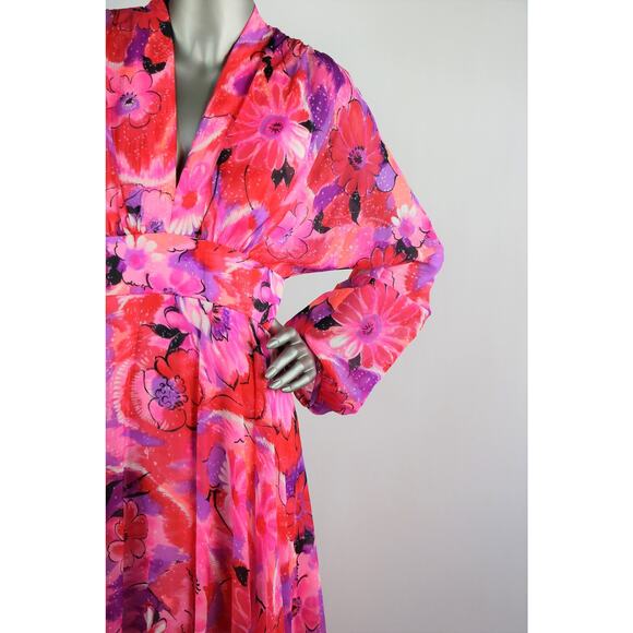 Vintage 1970s Red Pink Purple Chiffon Floral with Keyhole Cutout Small - Picture 6 of 10